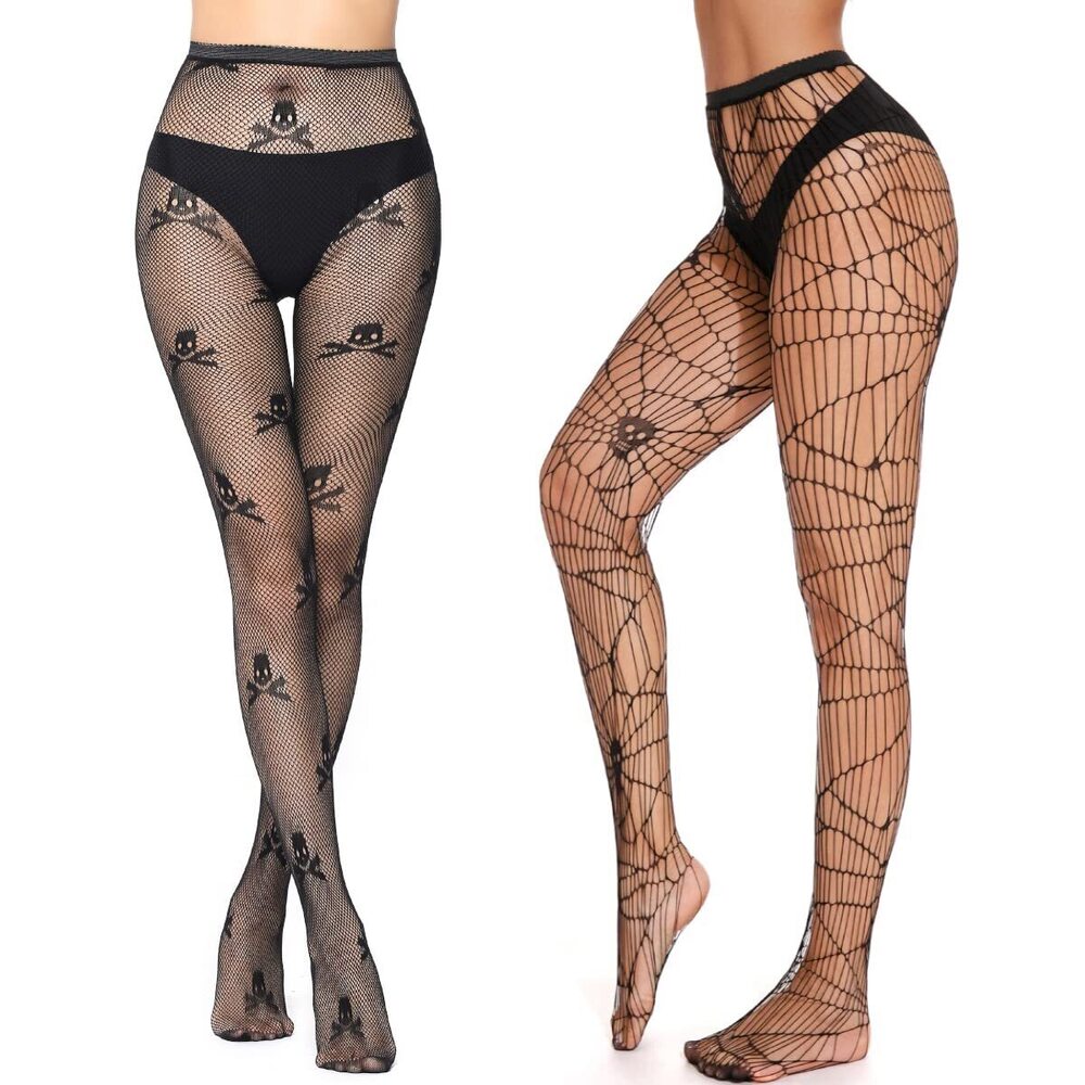 8791 2 Pairs Fishnet Tights Skull Tights Fishnet Stockings Plus Size